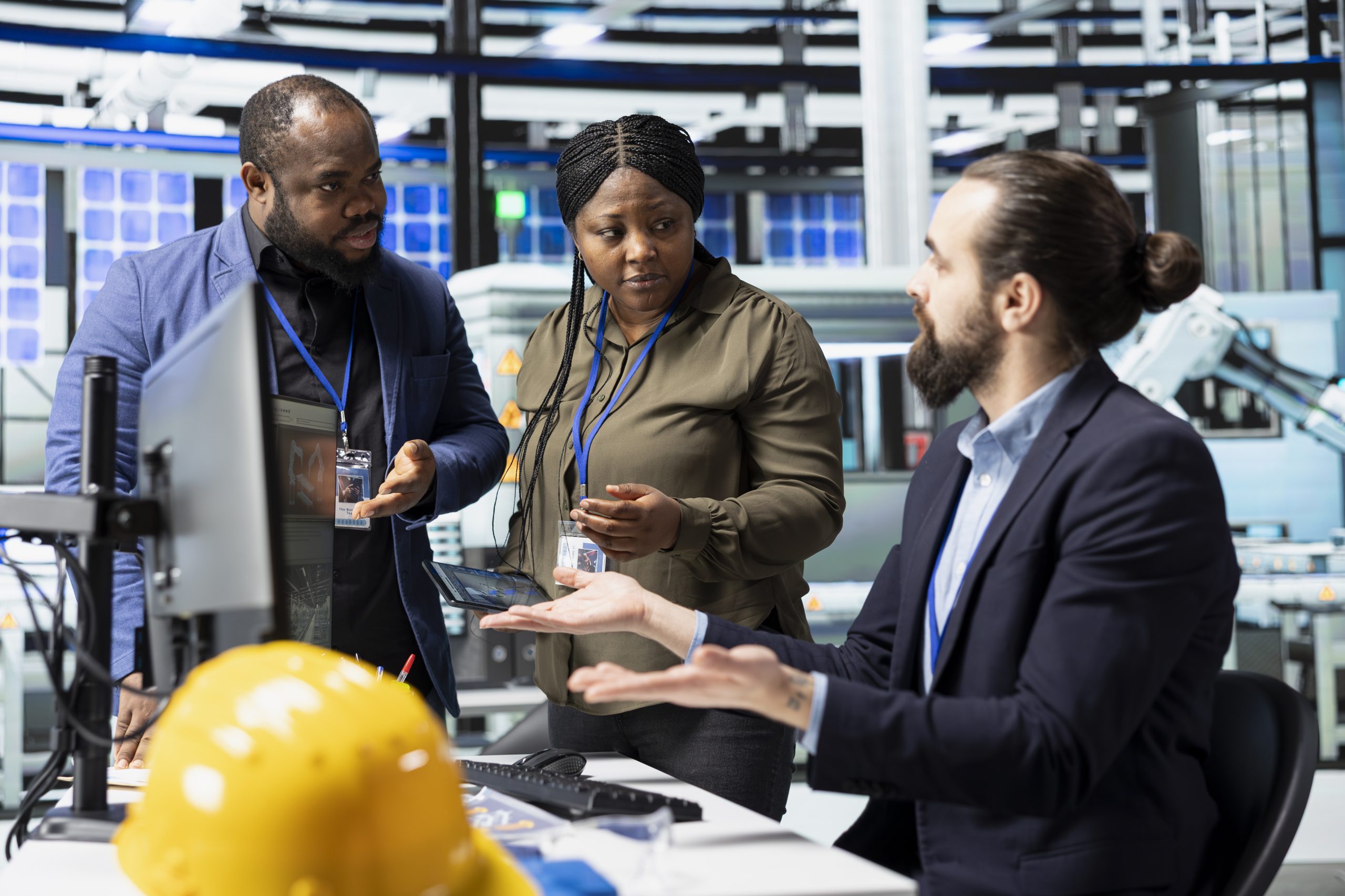 Professional consultants engineers group evaluate production process in solar plant, ensuring every activity supports renewable energy goals and efficient industrial operations.